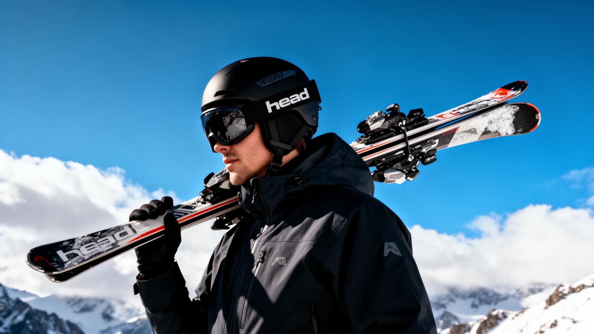 Skier carrying equipment against alpine sky