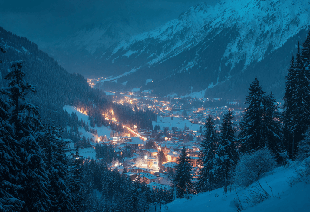 A picture of St. Anton in Austria during nighttime, one of the most magical winter holiday destinations in the world
