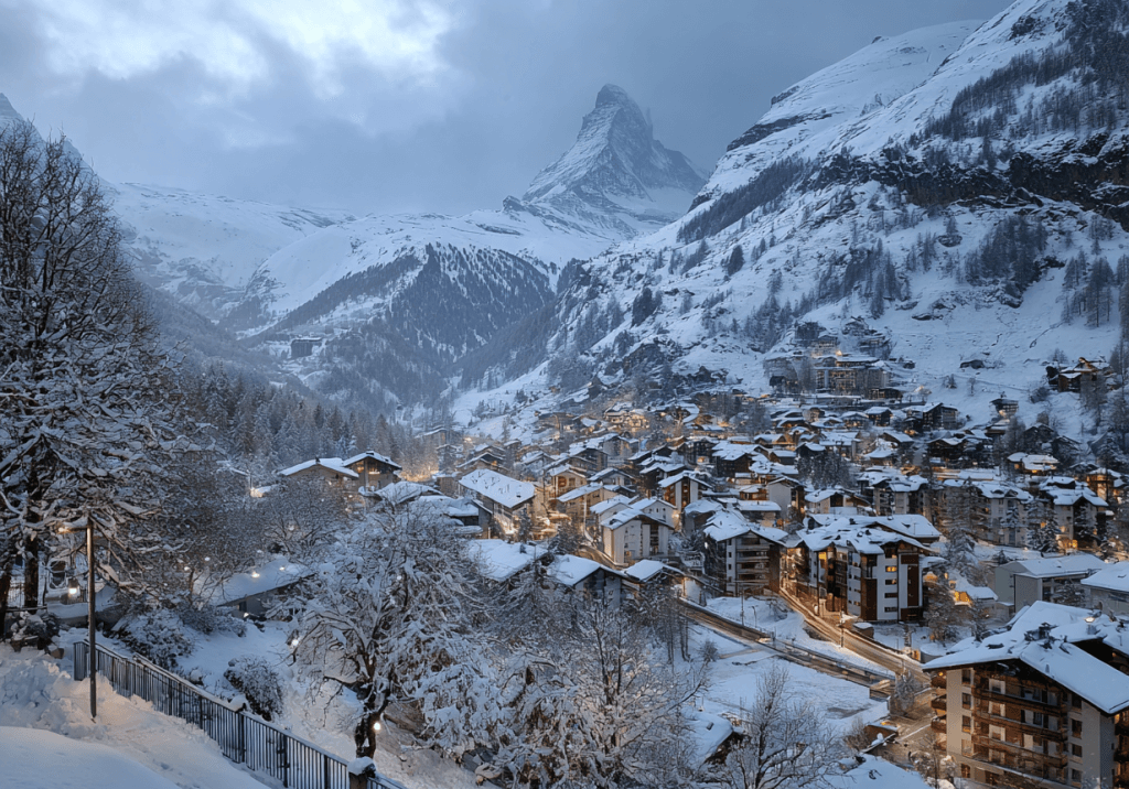 An atmospheric picture of a resort in Zermatt, Switzerland with it's snowy landscapes - the best destination to spend your winter holiday at